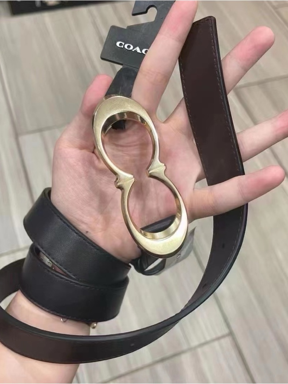 Coach Black Leather Belt with Gold Signature Double-Hook Buckle - Picture 3 of 6